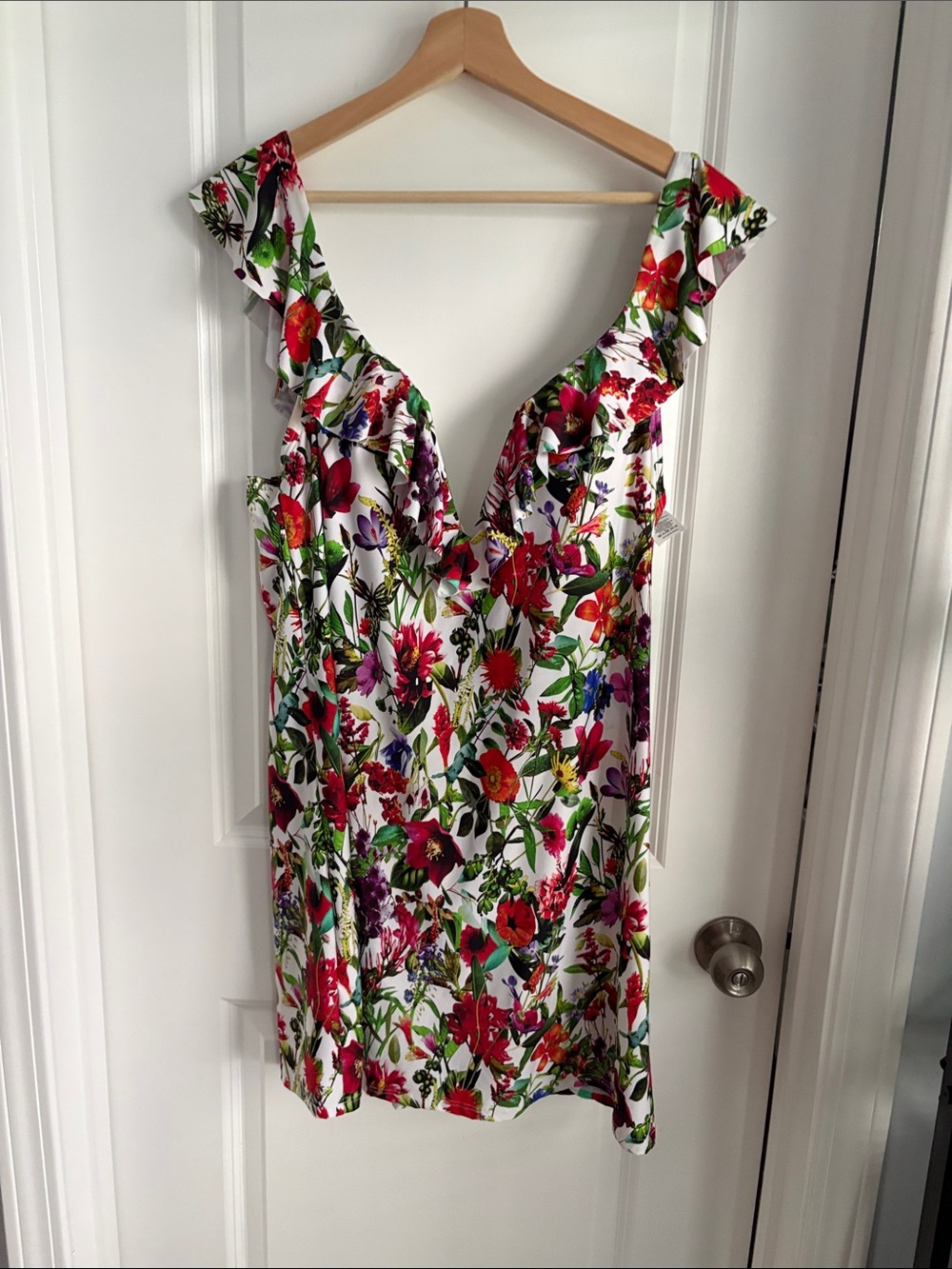 Tahari White Floral Ruffle V-Neck Mini Dress